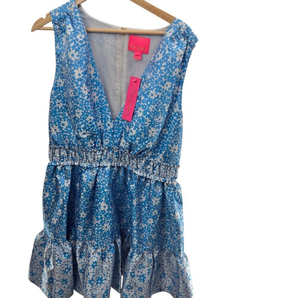 Lilly Pulitzer White Blue Fabiana Sleeveless Tiered Jacquard V-Neck Mini Dress